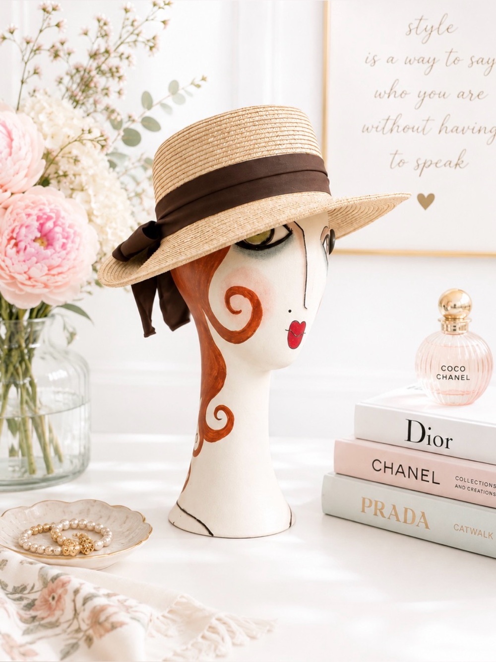 KALLINA Neutral color straw beach or garden hat w/brown ribbon accent OS